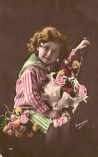 Vintage Postcard Beautiful Little Girl Curly Hair Cute Smile Flower Bouquet picture