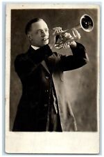 c1910's Trumpet Musician Studio Portrait RPPC Photo Unposted Antique Postcard picture