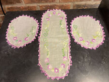 Set Of 3 Dainty Vtg Matching Doilies With Purple Trim & Embroidered Flowers  picture
