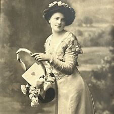 Antique RPPC Real Photograph German Postcard Beautiful Woman Basket Love Heart picture