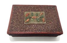 Antique Chinese Deep Vivid Red Carved Cinnabar Box Flower Motif Jade Inlay picture