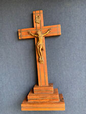 True Antique Cross Crucifix Rich Wood Brass Inlay Made In France picture