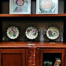 Antique Plates On Wire Frame ☆Beautiful Set Of 3☆Rare Perfect Set☆ picture