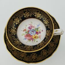 Hammersley  Tea cup & Saucer Black & Gold Floral Footed Cup  Vintage England picture