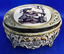 Vintage Japan Boy Playing Flute Gold Tone Hinged Lid Jewlery Trinket Box picture