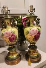 Pair Rose Floral Porcelain Table Lamp Vintage Victorian Urn signed picture