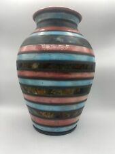 Vintage Salmon, Blue, And Earth Tone Striped Ceramic Vase Signed C Meadows picture