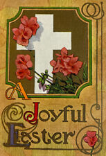 Antique Early 1900s Ephemera Litho Postcard Joyful Easter Religious Cross Floral picture