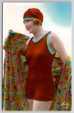 RPPC Art Deco Bathing Beauty Swimsuit Head Wrap Hand Colored Lucia Postcard S21 picture