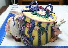 Fitz & Floyd Cotton Tailors Hat Bow Box Cookie Jar Baby Bunnies 1995 Retired picture