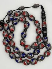 Black Coral Yusr Prayer Beads Inlaid Silver 925 Red Coral And Lapis Lazuli picture