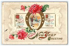 1911 New Year Greeting Horseshoe Flowers Winter Embossed Eddystone PA Postcard picture