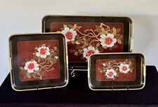 Vintage  Toyo Japan Black Floral Lacquerware Nesting Serving Trays (Set of 3) picture