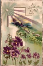 c1910s JOYOUS EASTER Embossed Postcard Cross / Purple Pansy Flowers / UNUSED picture