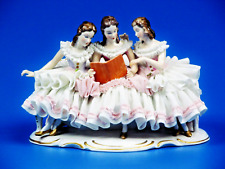 German Dresden Lace Porcelain Three Beautiful Young Lady Riding Figurine. picture