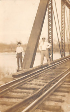 RPPC Father & Son on Trestle Bridge at River's Edge Photo c1910 Postcard picture