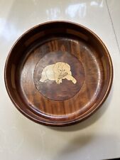 Artisan Wooden Bowl Inlay Bear catching fish Beautiful Hand Made Decor MCM woods picture