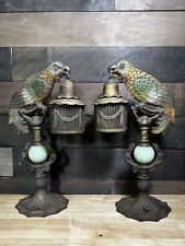Antique Art Deco Cast Metal Parrot Table Lamps Pair picture
