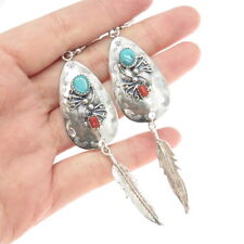 Old Pawn Sterling Silver Vintage Bisbee Turquoise Coral Feather Tribal Earrings picture