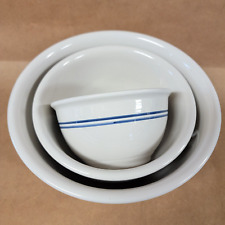 VTG GIBSON Nesting Heavy Mixing Bowls 3 pc Cream White W Blue Stripes FARMHOUSE picture