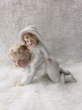 Antique German Figurine Crawling Boy with Baby Sister with Bonnet Piggy Back picture
