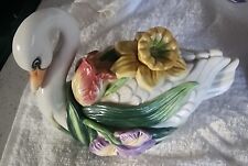Fitz And Floyd Swan Floral Lidded Trinket Dish Box w/ Egg Baby Hatchling Inside picture