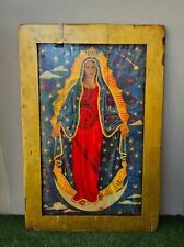 Large Spanish Wooden Retablo Icon Virgin Mary of Guadalupe Signed 36