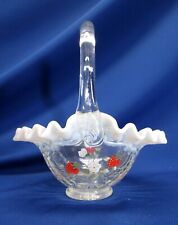 FENTON ART GLASS CLEAR & OPALESCENT RUFFLED RIM HAND-PAINTED STRAWBERRIES BASKET picture