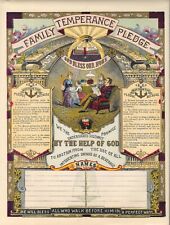 Original 19th Century Colorized Lithograph Family Pledge Not To Drink Alcohol AA picture