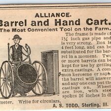 1890 Sterling, IL Alliance Barrel Hand Cart Print Ad Engraved Wheelbarrow C38 picture