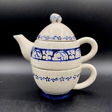 Potting Shed Tea for One Teapot/Cup Stacking Rabbit Egg Handle Easter Spring EUC picture