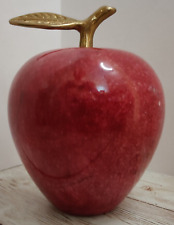Vintage ~ Red Polished Marble Stone Apple / Brass Leaf ~ Paperweight picture