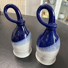HANDMADE POTTERY DRINKING HORN GOBLET MUGS BLUE SET OF 2 picture