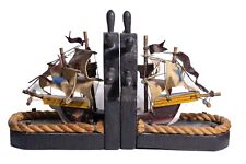 Vintage Hade Nautical Wooden Ship with Helm Bookends Handmade in Taiwan picture