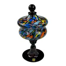Czech End Of Day Colorful Splatter Confetti Black Glass Art Deco Candy Dish Lid picture