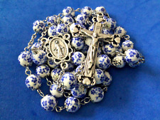 Porcelain Rosary Blue Flowers Miraculous Hand Made Heart Crucifix Bead Caps 8mm picture