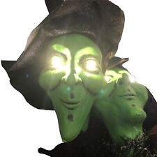 Vintage Green WITCH HEAD LIGHT UP  HALLOWEEN Yard Stakes Battery Op Need Sticks picture