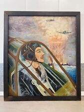 🔥 Antique Old WWII Folk Art Outsider Oil Painting, RAF Squadron Airplane 1940s picture