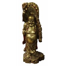 Wood Craved Standing Happy Buddha Painted Gold Color Holding Lotus & Money n194 picture