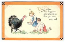 c1921 Thanksgiving Gibson Postcard Turkey Art Boy Girl Feeding Best Wishes picture