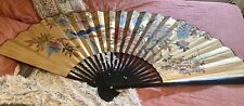 VTG 62” Wide Large Hand Painted Fan Wall Hanging Floral Birds Gold Huge 62” Wide picture