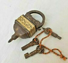 Old Antique Vintage Brass Work Tricky Puzzle System 3 Keys Iron Lock Collectible picture