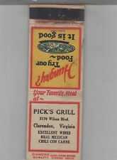 Matchbook Cover 1930s Diamond Quality Pick's Grill Clarendon, VA picture