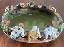 Japanese Sumida Gawa Pottery Oval Pond Bowl Dish 10 Figures 8.25