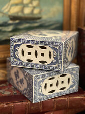 Stunning Blue White Porcelain Chinoiserie Qing Pillow Qilin Greek Key Motif Pair picture