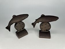 ANTIQUE AMERICANA FLY FISHING REEL TROUT CAST IRON ART STATUE SCULPTURE BOOKENDS picture