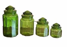 Three Vintage Emerald Paneled Glass Canister Apothecary Jars  + Bonus Jar picture