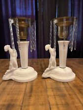 ANTIQUE ART DECO PAIR OF WHITE OPALESCENT NUDE LADY w/GLASS PRISMS TABLE LAMPS picture