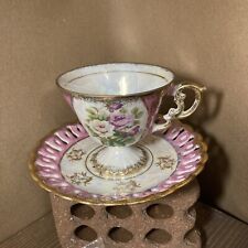 antique Footed Teacup And Saucer Iridescent Floral picture