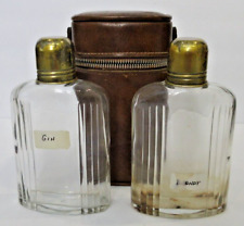 VINTAGE Mid-Century Brown Leather Travel Flask Carrier w/ 2 Glass Flasks picture